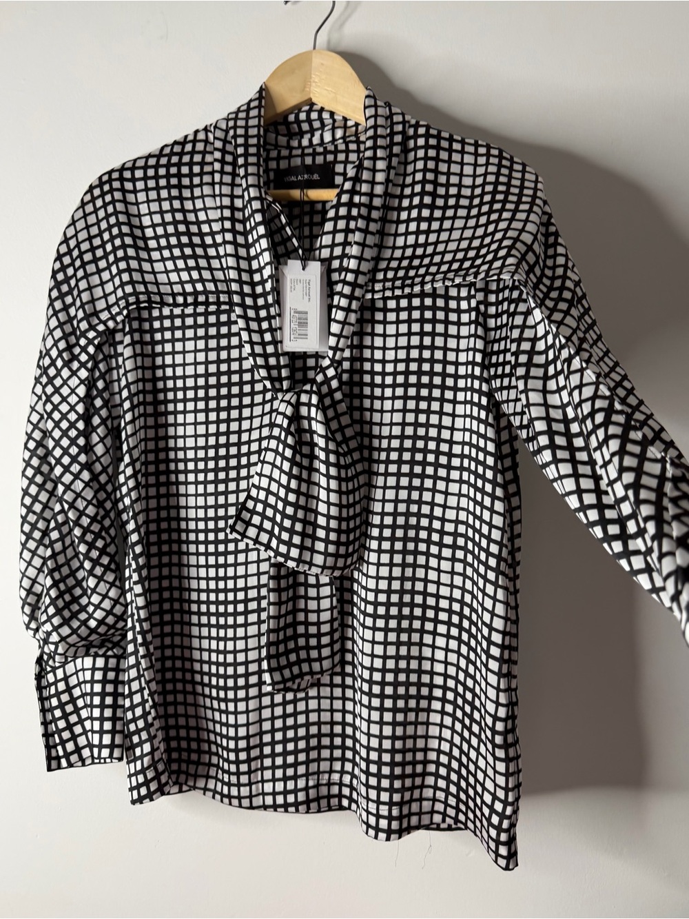 Yigal Azrouel Black & White Windowpane Tie-Neck Blouse